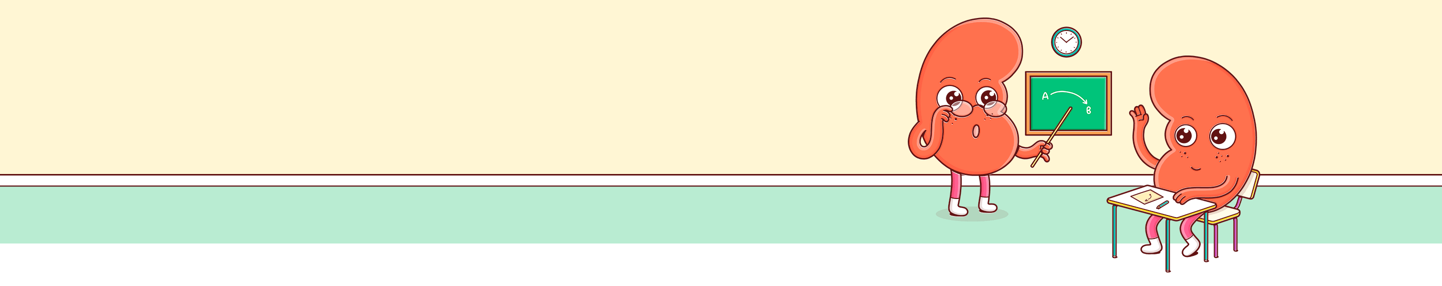 A teacher kidney caricature and a student kidney caricature in a classNameroom